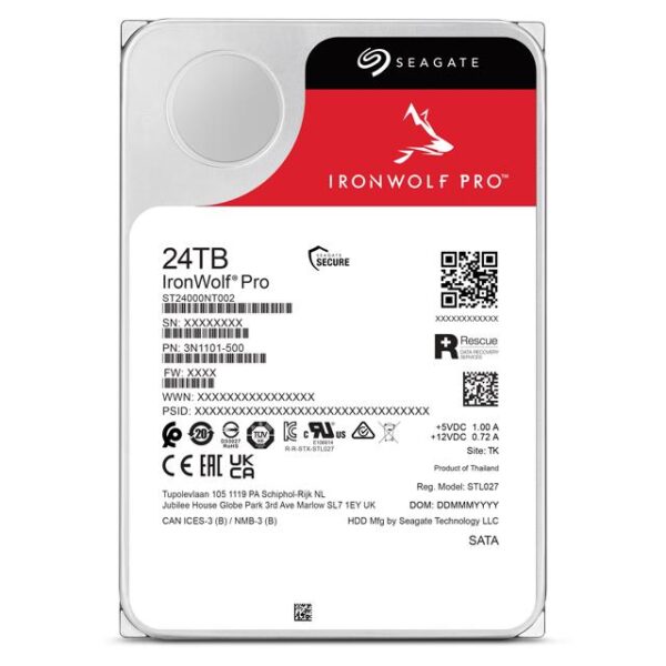 Hard Disk Seagate Ironwolf Pro SATA3 24 Tb - 3.5" 7.200 rpm, 512 Mb cache, 24x7 - NAS HDD - ST24000NT002 - Garanzia 5 anni